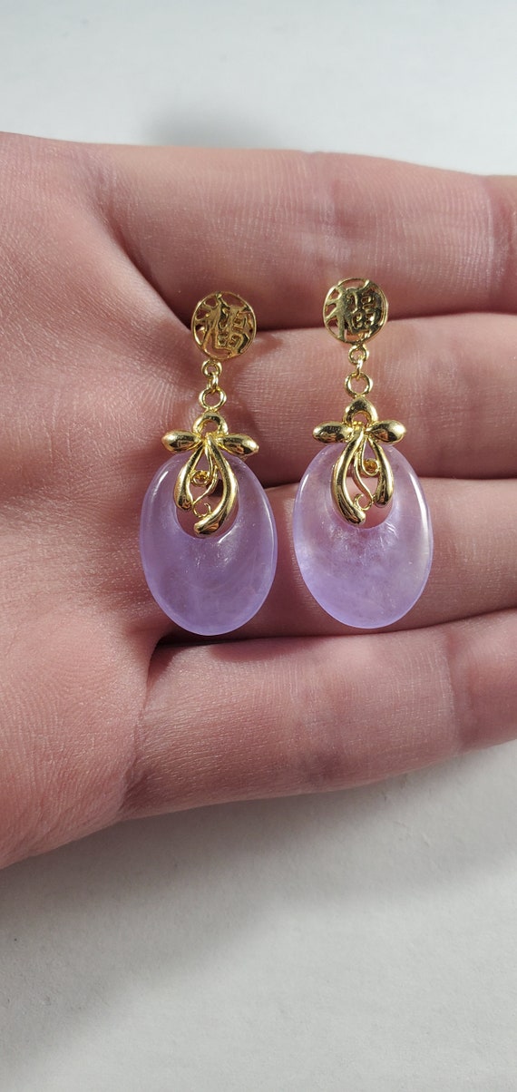 Vintage 14k Purple Jade "Fu" Dangle Earrings