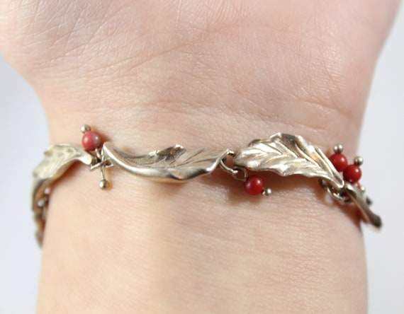 Vintage Sterling Silver dark Red Coral Bead Leaf … - image 1