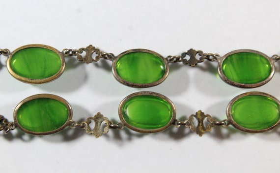 Antique Art Deco Oval Shape Green Glass Necklace - image 4