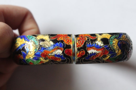 Antique Chinese Cloisonné Two Dragon Bracelet - image 2