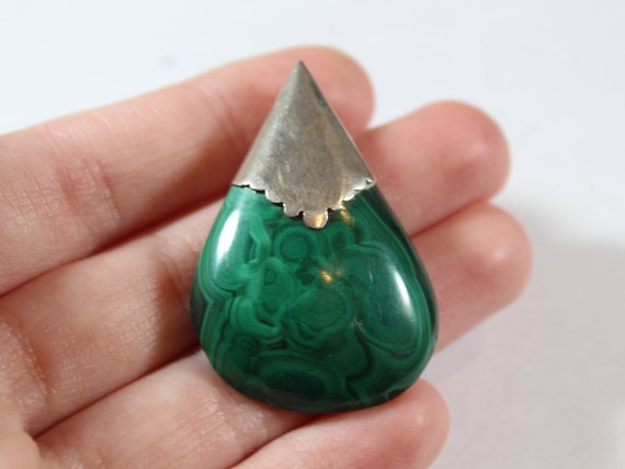 Antique Sterling Silver Natural Malachite Pendant - image 1