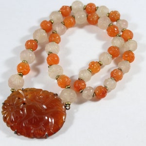 Antique Sterling Silver Chinese Carved Long Life Carnelian with Rose Quartz Beaded Necklace image 1