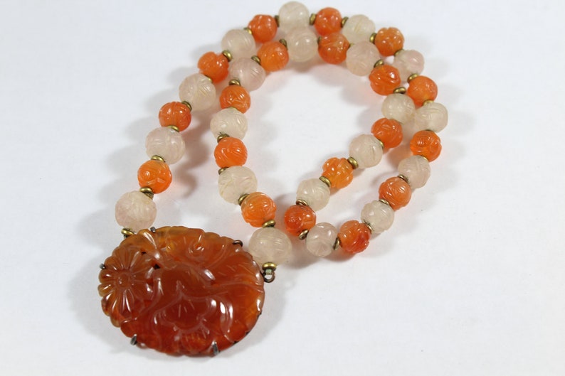 Antique Sterling Silver Chinese Carved Long Life Carnelian with Rose Quartz Beaded Necklace image 1