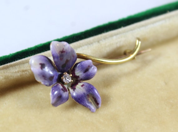 Antique 12k Gold Purple Enamel Flower with Diamon… - image 1