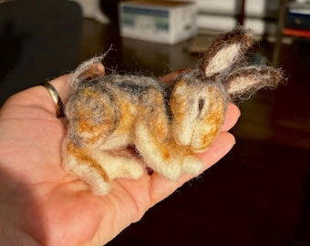 Needle Felted Wool Bunny: Handmade Sleeping Rabbit Sculpture