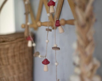 Pine Wood Mushroom Garland: Fall Decor, Handmade Wall Art