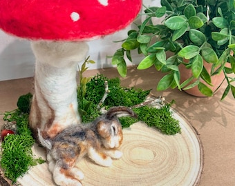 Needle Felted Mushroom & Sleeping Bunny: Wool Forest Charm Decor