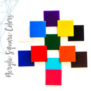 May include: A collection of colorful acrylic square tiles in various shades, including white, blue, red, green, yellow, and black. The squares are arranged on a white background. The text "Acrylic Square Colors" is visible in the upper left corner.