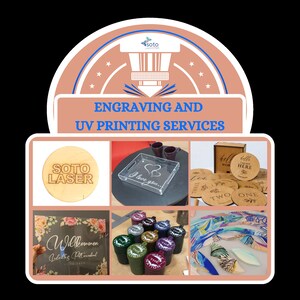 May include: A collection of engraved and UV printed items, including coasters, a tray, a box, and mugs. The items feature various designs, including the words "Welcome", "I love you", "Hello", and "Here".