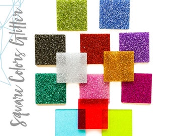 May include: Assortment of square glitter pieces in various colors, including green, blue, black, red, gold, silver, teal, pink, purple, light blue, red, and yellow.