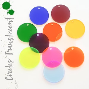 May include: Assortment of ten translucent, round, acrylic circles in various colors, including red, orange, yellow, green, blue, purple, pink, and light blue. Each circle has a small hole in the center.