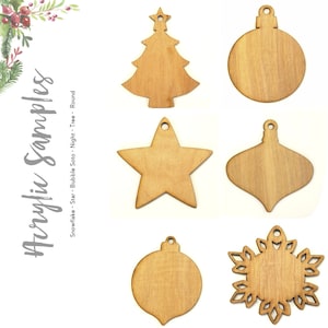 May include: Six unfinished wooden Christmas ornaments in various shapes, including a star, a tree, a snowflake, and three different styles of ornaments. The ornaments are all made of natural wood and have a light brown color.