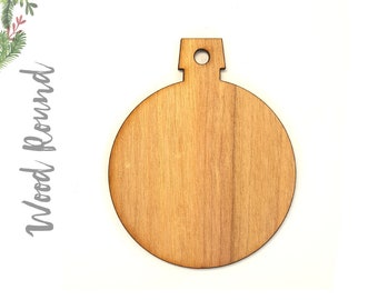 May include: A plain, unfinished wooden ornament shaped like a Christmas tree bauble. The ornament has a small hole at the top for hanging.