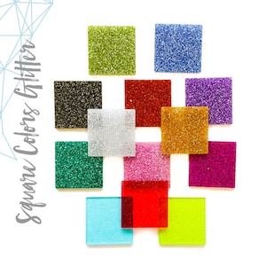 May include: Assortment of square glitter pieces in various colors, including green, blue, black, red, gold, silver, teal, pink, purple, light blue, red, and yellow.