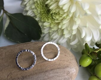 Sterling Silver Open Circle Stud Earrings with Hammered Texture