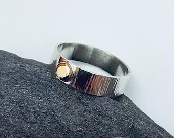 Sterling Silver Hammered Texture Stacking Ring with Gold Embellishment