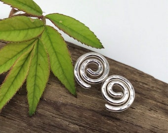 Sterling Silver Spiral Symbol Stud Earrings with a Lightly Hammered Texture