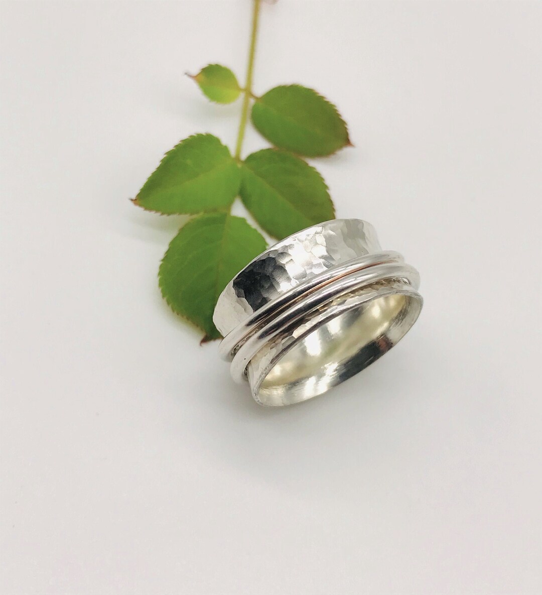 Sterling Silver Hammered Texture Spinner Fidget Ring With Two Central ...