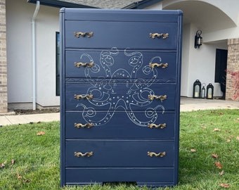 DRESSER Sold - REFURBISHED VINTAGE Mid Century 5 drawer Waterfall dresser painted with Octopus painted