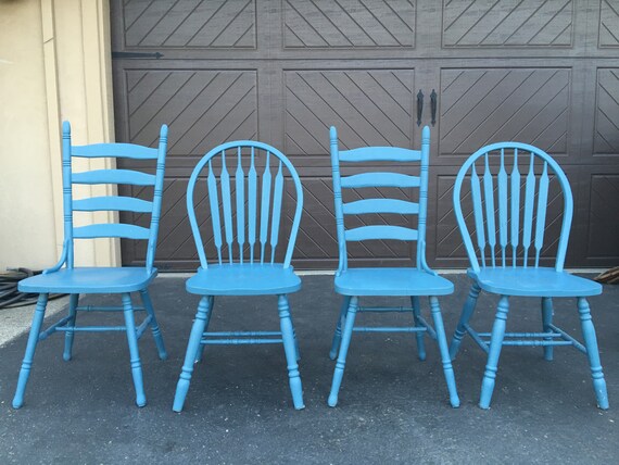 Farmhouse Dining Chairs set of four mixed vintage farm chairs Painted Aubusson Blue Dining Kitchen Rustic SOLD