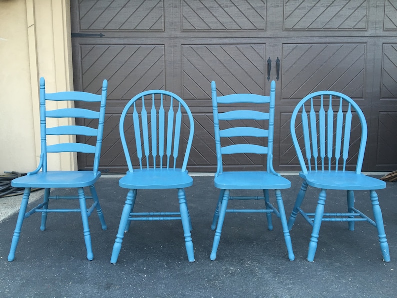 Farmhouse Dining Chairs set of four mixed vintage farm chairs Painted Aubusson Blue Dining Kitchen Rustic SOLD