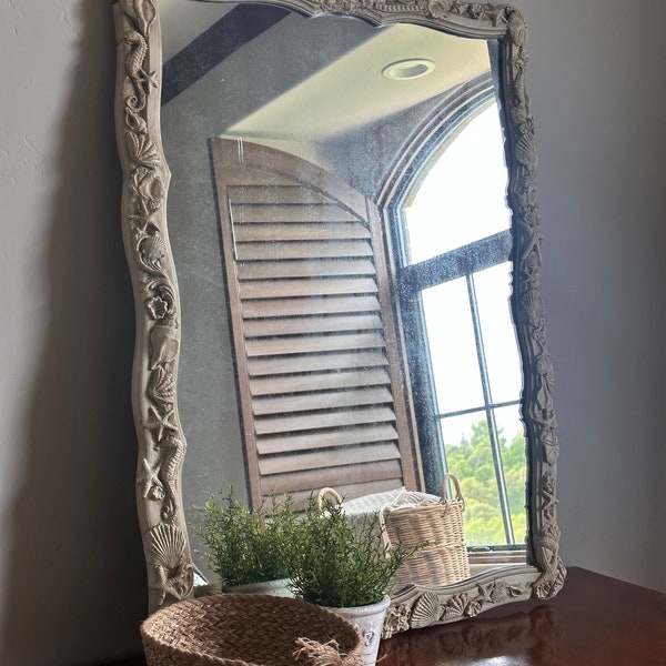 Vintage mirror with added detail of Seashells and seahorses large mirror curvy frame white distressed