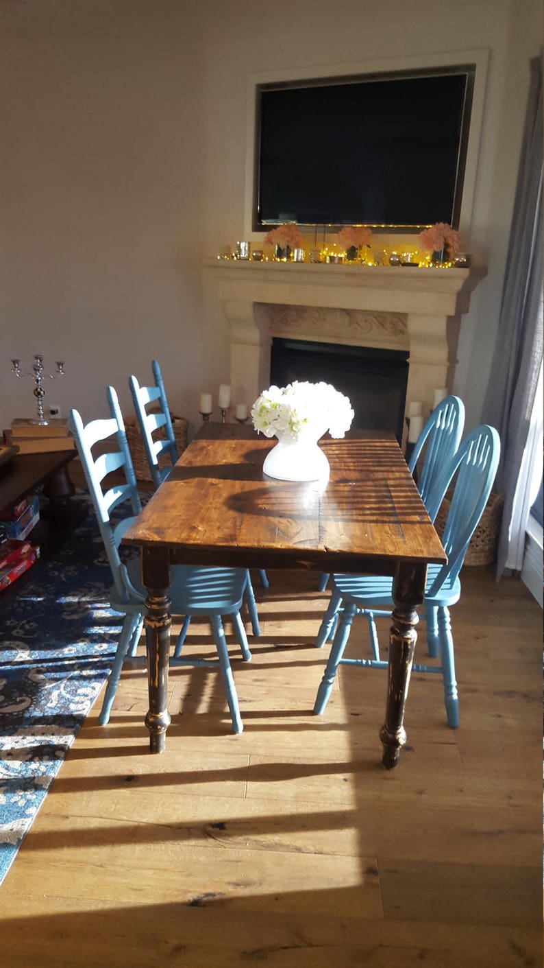 Farmhouse Dining Chairs set of four mixed vintage farm chairs Painted Aubusson Blue Dining Kitchen Rustic SOLD