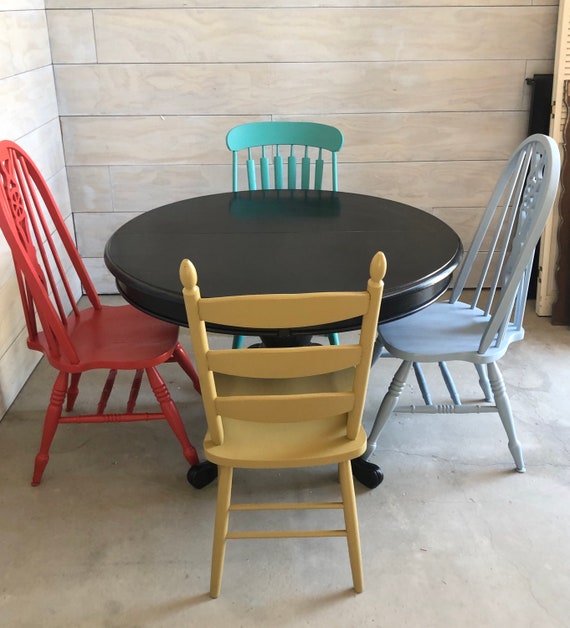 Farmhouse Dining Chairs set of four mixed vintage farm chairs Painted Aubusson Blue Dining Kitchen Rustic SOLD
