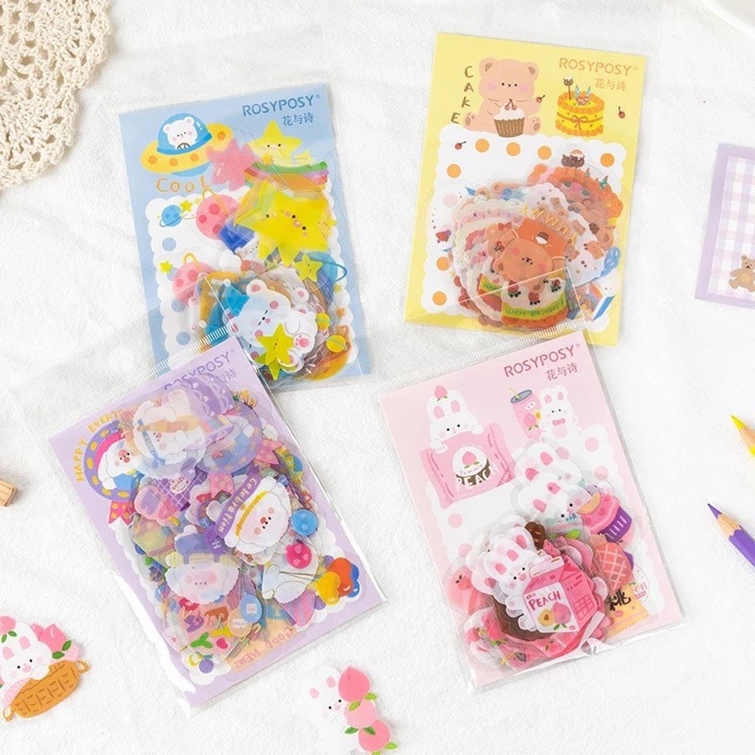 Kawaii Bunny and Bear Stickers Packet, Sticker Flakes, Diary Scrapbook ...