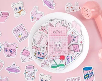 Kawaii Pink Cute Team Stickers Packet, Kawaii Stickers, Sticker Flakes, Diary Scrapbook Kawaii Sticker