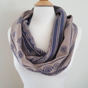 Infinity Scarf, Reversible Scarf, Lenny Lamb Blueberry Lace, Wrap Scrap, Lace Scarf, Blue and Beige