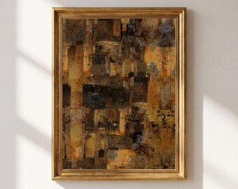 May include: A rectangular wall art piece in a gold frame featuring an abstract composition of layered vertical and horizontal blocks in shades of dark brown, black, and muted gold with subtle floral patterns integrated into the textured surface.