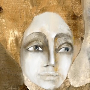 May include: An artistic portrait of a person with a pale face and golden hair. The artwork features a neutral color palette with gold leaf accents and handwritten script in the background. The person's gaze is directed to the side, creating a contemplative mood.