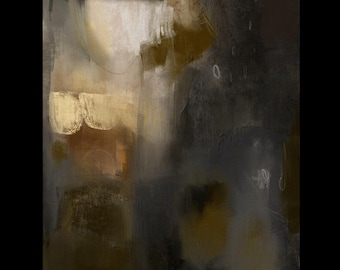 May include: An abstract painting featuring a dark, moody color palette of charcoal, deep brown, and muted gold. The composition includes layered textures, soft white highlights, and subtle linear markings, with the artist's signature in the bottom corner.