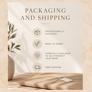 May include: A beige informational graphic titled PACKAGING AND SHIPPING. It features four circular icons with line art: a box, a leaf, a shield with a heart, and a delivery truck. Text includes PROFESSIONALLY PACKAGED, MADE TO ORDER, CAREFULLY PACKAGED TO HELP PROTECT YOUR PRINT, and FREE SHIPPING.