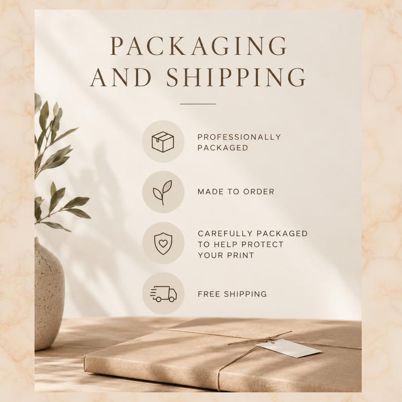May include: A beige informational graphic titled PACKAGING AND SHIPPING. It features four circular icons with line art: a box, a leaf, a shield with a heart, and a delivery truck. Text includes PROFESSIONALLY PACKAGED, MADE TO ORDER, CAREFULLY PACKAGED TO HELP PROTECT YOUR PRINT, and FREE SHIPPING.