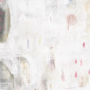 May include: An abstract mixed media painting on canvas featuring a predominantly white textured background with layered collage elements, including faint printed text, subtle beige tones, and scattered small pink and red paint droplets.