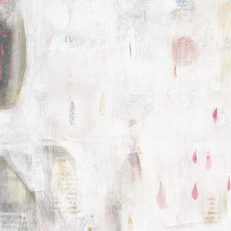 May include: An abstract mixed media painting on canvas featuring a predominantly white textured background with layered collage elements, including faint printed text, subtle beige tones, and scattered small pink and red paint droplets.