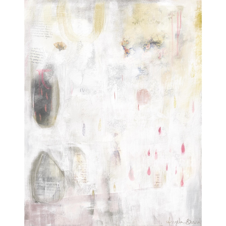 May include: An abstract painting featuring a white and cream background with layered textures, gold brushstrokes, and scattered pink teardrop shapes. Two dark, oval-shaped forms contain faint printed text, and the artist's signature is in the corner.