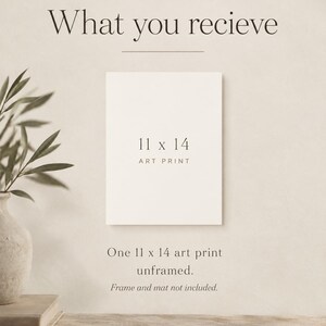 May include: A rectangular white art print with the text 11 x 14 ART PRINT centered on the surface. Below the print, the text reads One 11 x 14 art print unframed. Frame and mat not included. The header text at the top reads What you recieve.