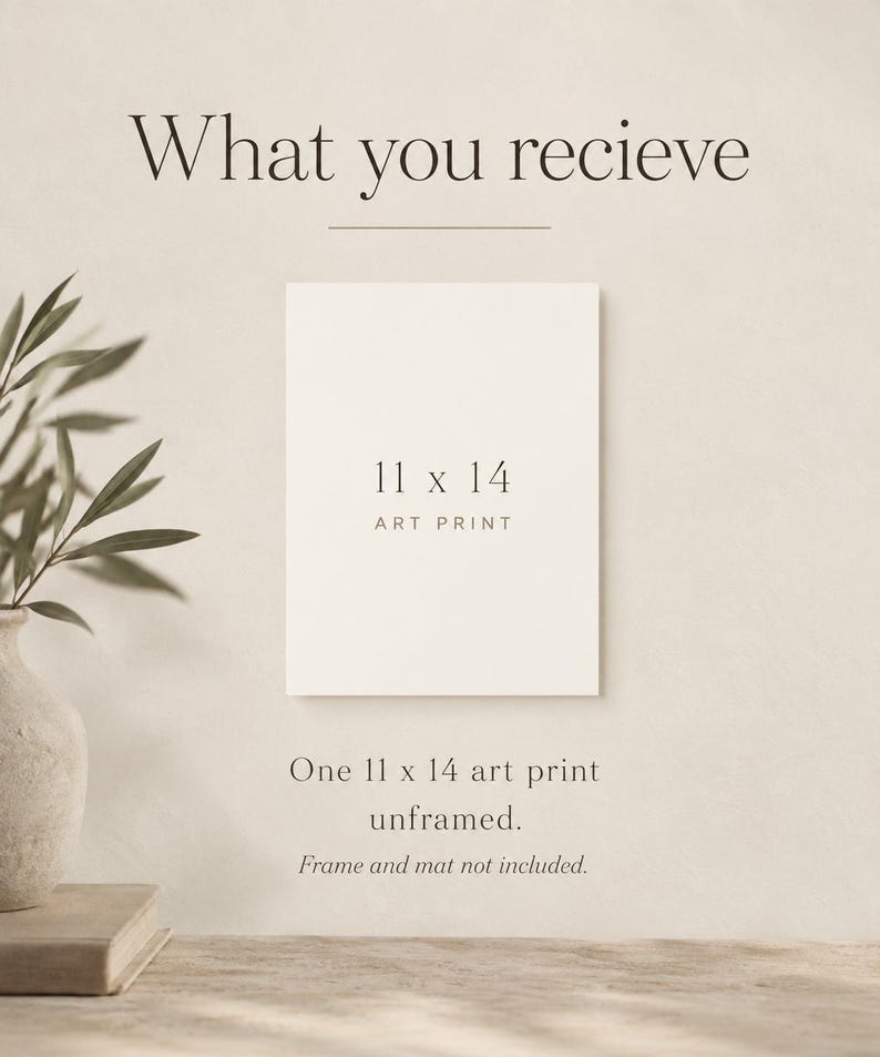 May include: A rectangular white art print with the text 11 x 14 ART PRINT centered on the surface. Below the print, the text reads One 11 x 14 art print unframed. Frame and mat not included. The header text at the top reads What you recieve.