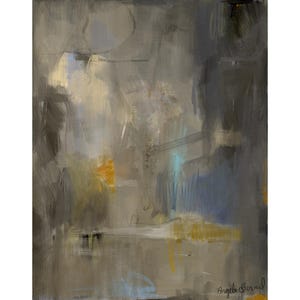 May include: An abstract painting featuring layered brushstrokes in shades of gray, charcoal, and beige, accented with touches of bright yellow and light blue. The composition includes visible texture and the signature Angela Bernal in the bottom right.