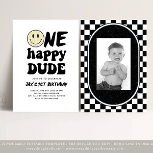 Smiley Face 1st Birthday Invitation Editable, ONE Happy Dude Invite, Checkered Retro Black First Emoji Birthday Invite with Photo [OHD]