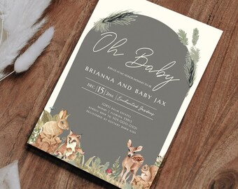 Boho Woodland Animals Baby Shower Invitation Editable ,Grey Green Boy Gender Neutral Baby Shower Arch Invite, Forest Animals Baby Shower