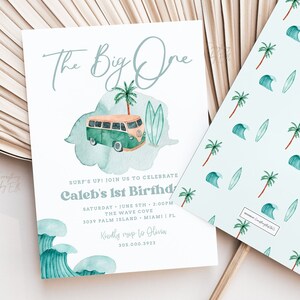 The Big ONE Birthday Invitation Editable, Surfs Up 1st Birthday Invitation, Surfboard Vintage Van Instant Surfing Beach Party Invite [BO1]