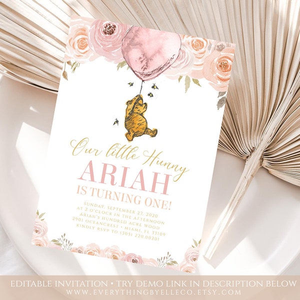 Classic Winnie the Pooh Birthday Invitation, Floral Editable Pooh Birthday Invitation, Girl Pink Winnie the Pooh Invitation Printable [77]