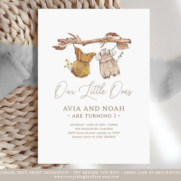 Twin Boy Girl Birthday Invitation, Bohemian Boy Girl 1st Birthday Joint Gender Neutral, Dried Palm Leaves Boho Printable Arch Editable