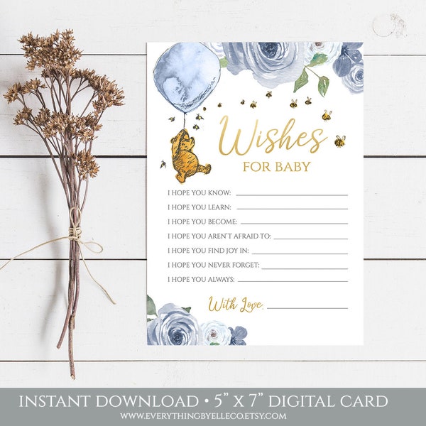 Winnie the Pooh Wishes for Baby Card, Winnie the Pooh Baby Shower Template, Boy Blue Pooh Printable Instant Download [615]