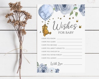 Winnie the Pooh Wishes for Baby Card, Winnie the Pooh Baby Shower Template, Boy Blue Pooh Printable Instant Download [615]