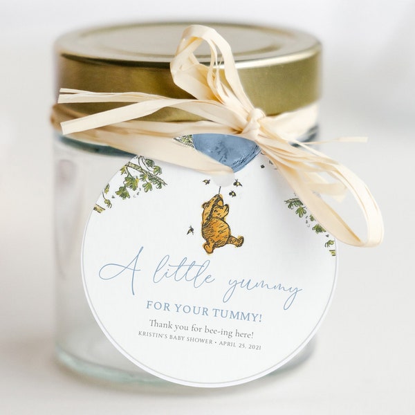 Winnie the Pooh Round Label Editable, Blue Winnie the Pooh Baby Shower Favor Tag Thank You Tag Template Boy, Instant Download Print [543]